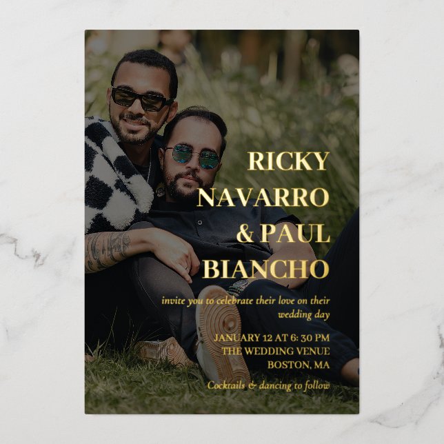 Romantische Foto- und Goldfilm-Schriftart Hochzeit Folieneinladung (Vorderseite)