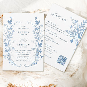 Romantische französische blaue botanische Hochzeit Einladung