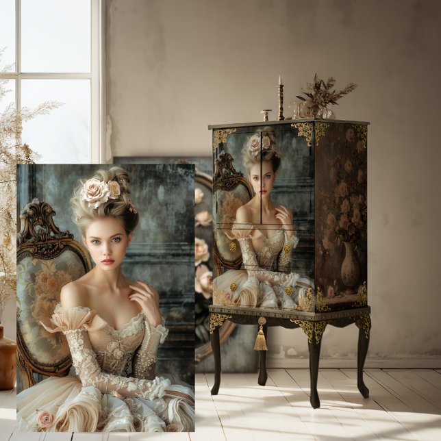 Romantische französische Schönheit, Portrait Decou Seidenpapier (Romantic French Beautiful Woman Sitting, Portrait Art, Digital, Decoupage Tissue Paper)