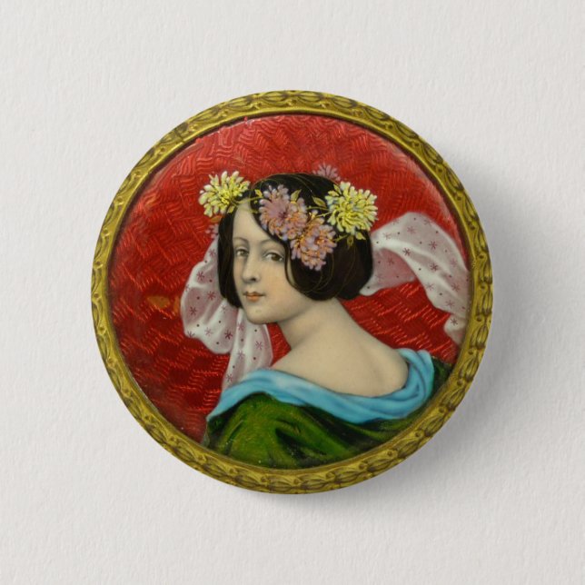 ROMANTISCHE FRAU MIT BLUME VINTAG ENAMEL BUTTON (Vorderseite)