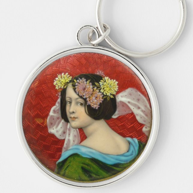 ROMANTISCHE FRAU MIT BLUME VINTAG ENAMEL SCHLÜSSELANHÄNGER (Vorne)