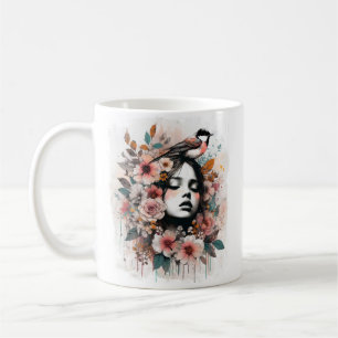 Romantische Frau mit Blumen und inspirierenden Zit Kaffeetasse