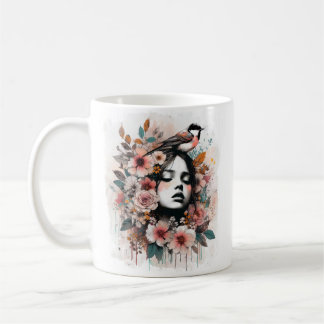 Romantische Frau mit Blumen und inspirierenden Zit Kaffeetasse