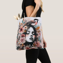 Romantische Frau mit Blumen und Vogelillustration