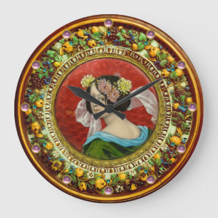 ROMANTISCHE FRAU MIT BLUMEN VINTAGE-EMAILL GROßE WANDUHR