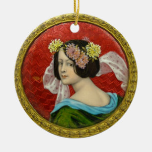 ROMANTISCHE FRAU MIT BLUMEN VINTAGE-EMAILLE KERAMIK ORNAMENT