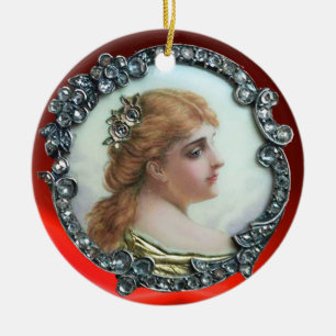 ROMANTISCHE FRAU MIT DIAMANTBLUMEN VINTAGE-EMAILLE KERAMIK ORNAMENT
