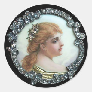 ROMANTISCHE FRAU MIT DIAMANTBLUMEN VINTAGE-EMAILLE RUNDER AUFKLEBER