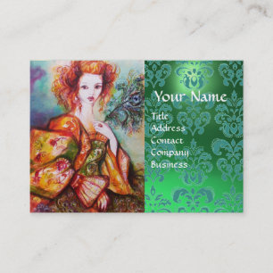 ROMANTISCHE FRAU MIT PEACOCK FEATHER Green Damask Visitenkarte
