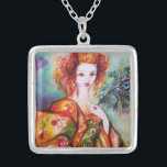ROMANTISCHE FRAU MIT PEACOCK FEATHER VERSILBERTE KETTE<br><div class="desc">Originelle,  zeitgenössische Aquarellmalerei mit goldener Folie und strahlenden Farben in leuchtendem Grün,  Gelb Orange ,  aquamarin,  Turquase,  Weiß. Elegante,  wunderschöne brünette Frau,  rote,  grüne,  glitzernde goldene Stoffe aus einem barocken Kostüm mit Pfauenfedern .Gemälde von Bulgan Lumini (c).</div>