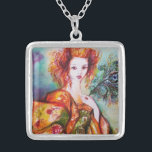 ROMANTISCHE FRAU MIT PEACOCK FEATHER VERSILBERTE KETTE<br><div class="desc">Originelle,  zeitgenössische Aquarellmalerei mit goldener Folie und strahlenden Farben in leuchtendem Grün,  Gelb Orange ,  aquamarin,  Turquase,  Weiß. Elegante,  wunderschöne brünette Frau,  rote,  grüne,  glitzernde goldene Stoffe aus einem barocken Kostüm mit Pfauenfedern .Gemälde von Bulgan Lumini (c).</div>