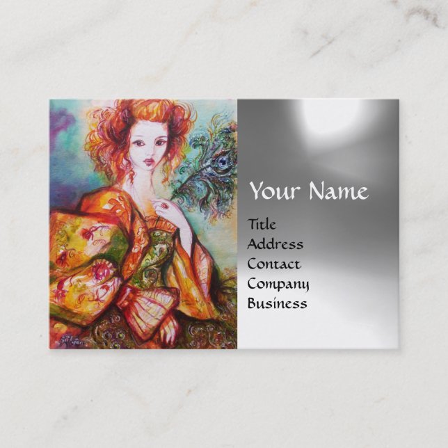 ROMANTISCHE FRAU MIT PEACOCK FEATHER White Gray Ge Visitenkarte (Vorderseite)