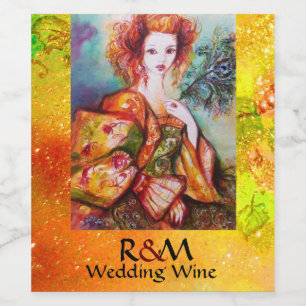 ROMANTISCHE FRAU MIT PEACOCK FEATHER Yellow Weddin Weinetikett