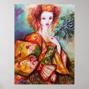 ROMANTISCHE FRAU MIT SPARKLING-PEACOCK-FEATHER POSTER