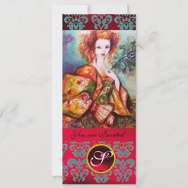 ROMANTISCHE FRAU MIT SPARKLING PEACOCK FEATHER, Ro Einladung (Vorderseite)