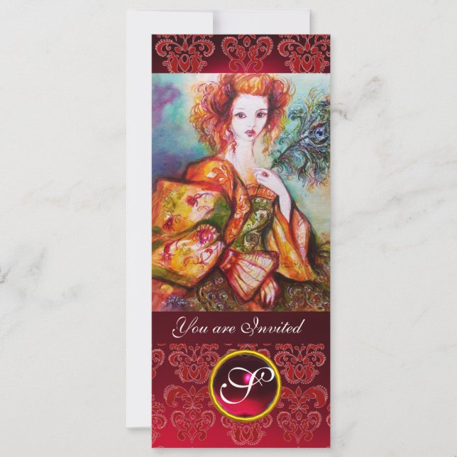 ROMANTISCHE FRAU MIT SPARKLING PEACOCK FEATHER, Ro Einladung (Vorderseite)