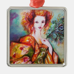 ROMANTISCHE FRAU MIT SPARKLING-PEACOCK-FEATHER SILBERNES ORNAMENT