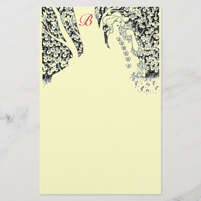 ROMANTISCHE FRAU,ROSE,NATURSCHMERZMonogramm Briefpapier (Vorderseite)