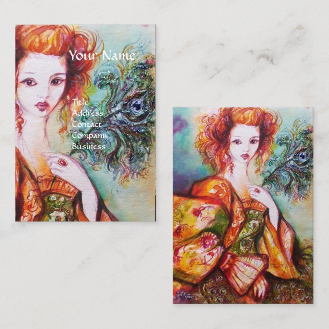 ROMANTISCHE FRAU, SPARKLING PEACOCK FEATHER White Visitenkarte (Vorne/Hinten)