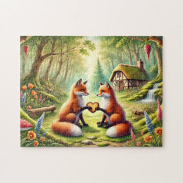 Romantische Füchse Cottagecore-Waldlandschaft Puzzle
