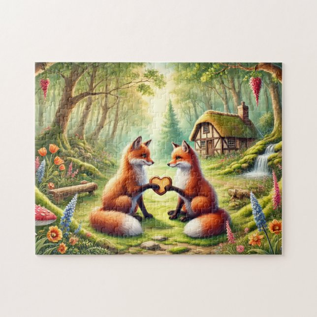 Romantische Füchse Cottagecore-Waldlandschaft Puzzle (Horizontal)