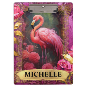Romantische Fuchsia Flamingo und Rose Klemmbrett