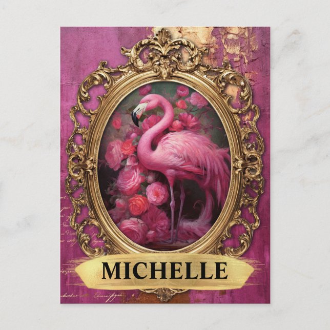Romantische Fuchsia Flamingo und Rose Postkarte (Vorderseite)