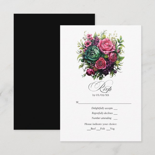 Romantische Fuchsien, grün und schwarz RSVP Karte (Vorne/Hinten)