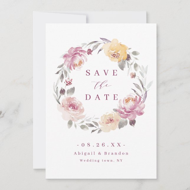 Romantische Gartenmauve Blumenhochzeit Save The Date (Vorderseite)