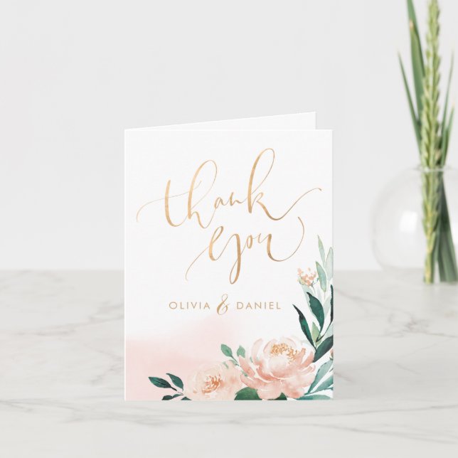 Romantische Gartenpfirsichkalligrafie Vielen Dank Dankeskarte (Vorderseite)