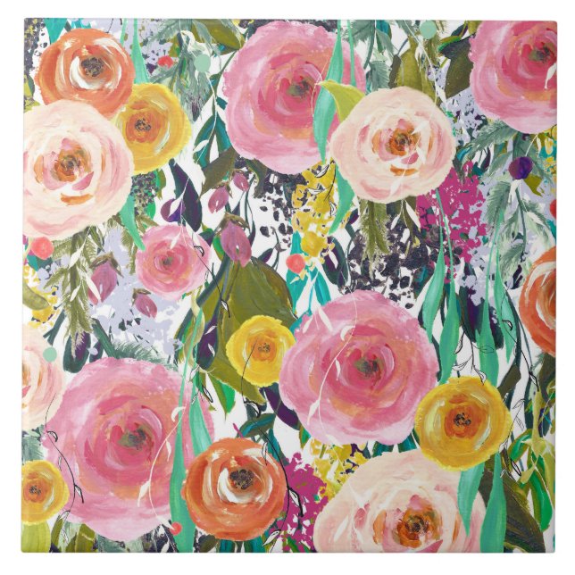 Romantische Gartenwatercolor-Blumen Fliese (Vorderseite)