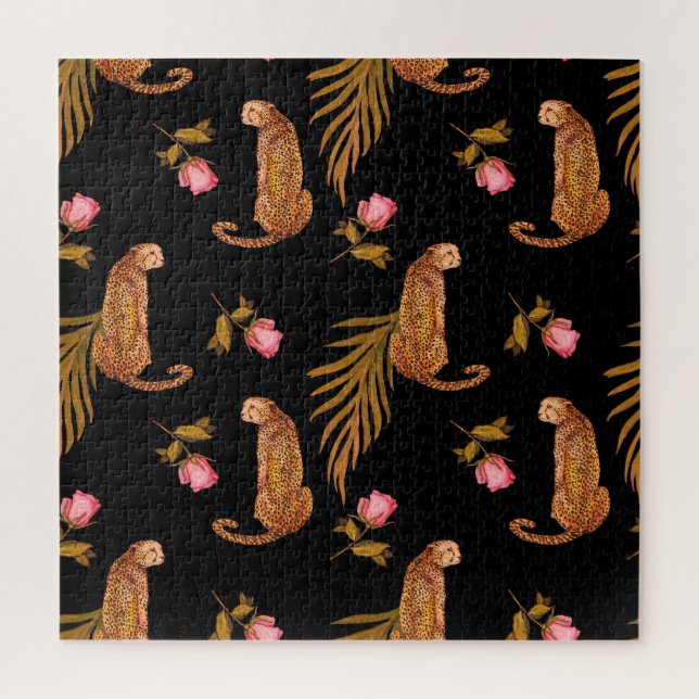 Romantische Geparden: Wasserfarbennahes Muster. Puzzle (Vertikal)