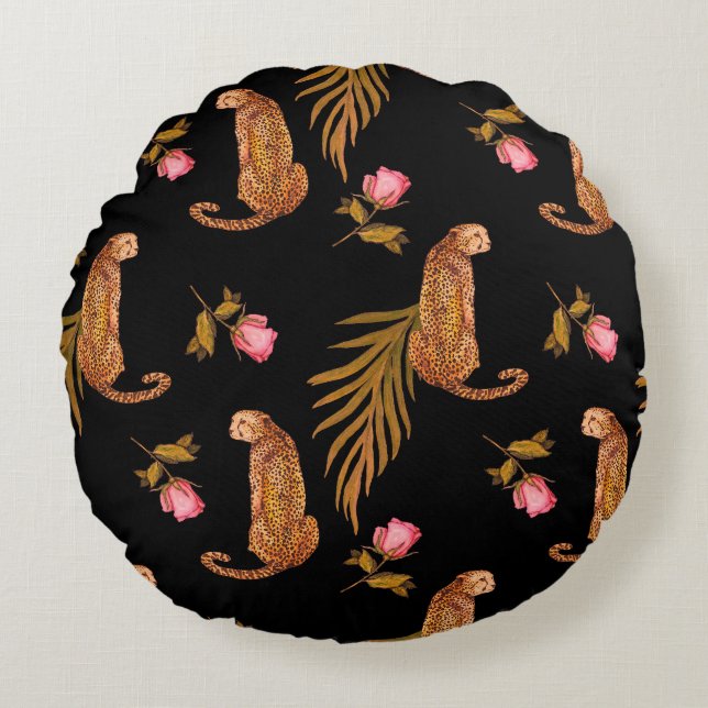 Romantische Geparden: Wasserfarbennahes Muster. Rundes Kissen (Vorderseite)