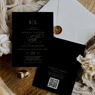 Romantische Gold Black Monogram QR Code Back Weddi Einladung