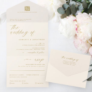 Romantische Gold Elfenbein Zarte Schrift Hochzeit All In One Einladung