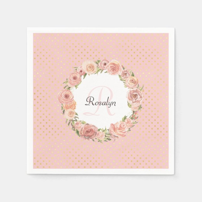 Romantische Gold gepunktete Rose Blumenname Mit Mo Serviette (Vorderseite)