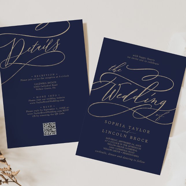 Romantische Gold- und Navy-Hochzeit in einem QR-Co Einladung (Von Creator hochgeladen)