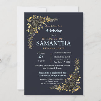 Romantische goldene florale Navy Blue Planer Gebur Einladung