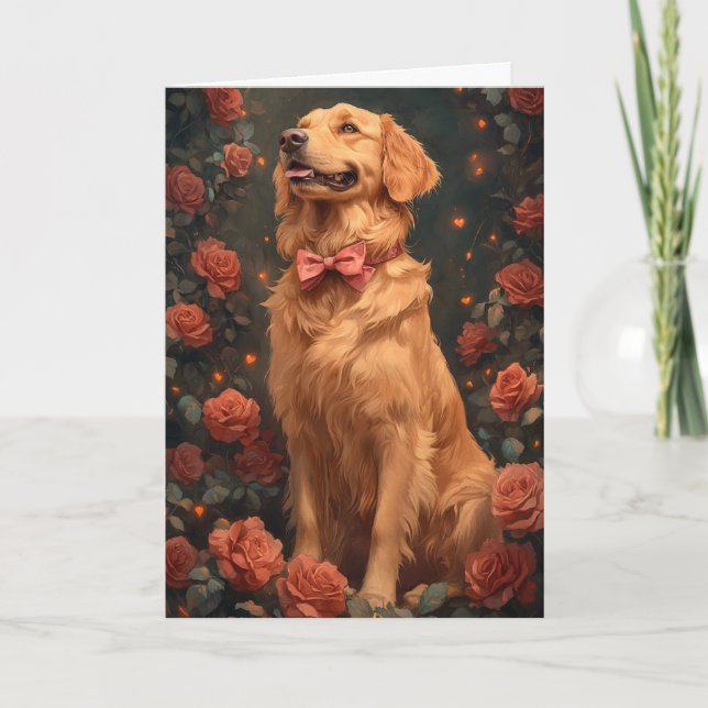Romantische Goldene Retriever Valentinstag Rose Karte (Vorderseite)