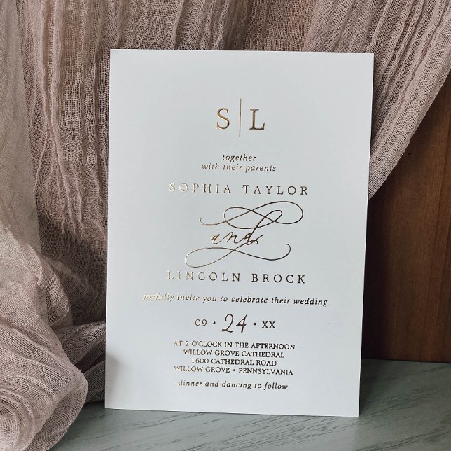 Romantische Goldfoil-Kalligrafie-Monogramm-Hochzei Folieneinladung (Von Creator hochgeladen)