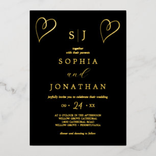 Romantische Goldfolie   Schwarze Monogramm-Hochzei Folieneinladung