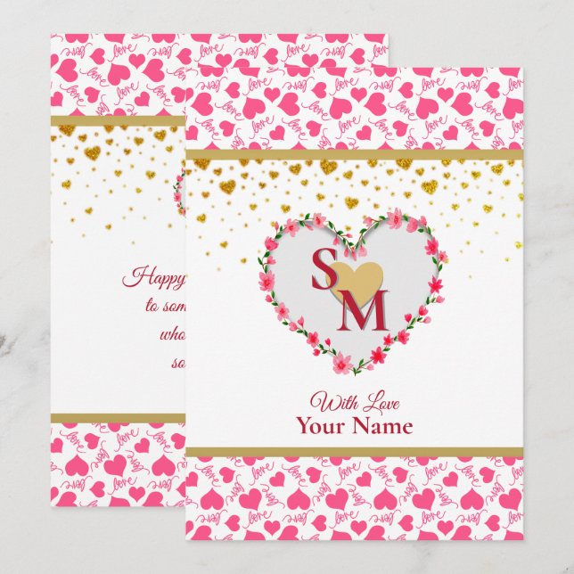 Romantische Goldherzen Liebes-Kalligrafie-Monogram (Vorne/Hinten)