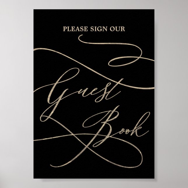 Romantische Goldkalligrafie Black Guest Book Poste Poster (Vorne)