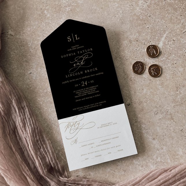 Romantische Goldkalligrafie | Black Monogram Weddi All In One Einladung (Von Creator hochgeladen)