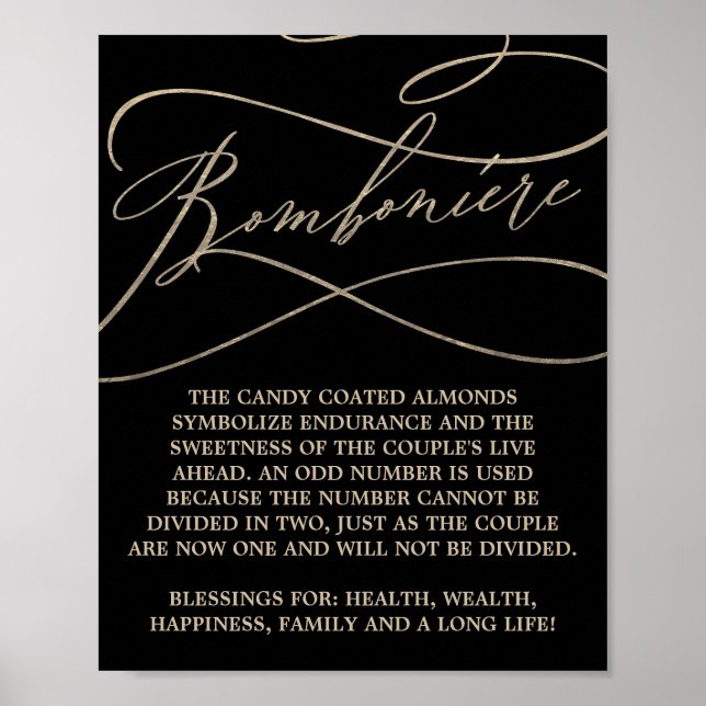 Romantische Goldkalligrafie Black Wedding Bombonie Poster (Vorne)