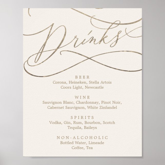 Romantische Goldkalligrafie | Ivory Drink Menu Sig Poster (Vorne)