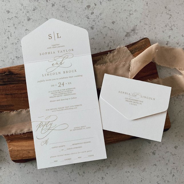 Romantische Goldkalligrafie-Mongram-Hochzeit All In One Einladung (Von Creator hochgeladen)