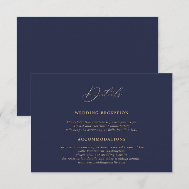Romantische Goldkalligrafie Navy Blue Wedding Deta Begleitkarte (Vorne/Hinten)