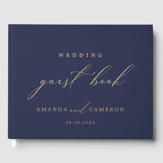 Romantische Goldkalligrafie Navy Blue Wedding Gästebuch (Vorderseite)