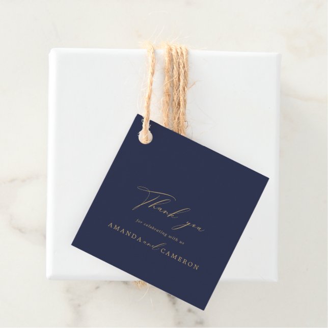 Romantische Goldkalligrafie Navy Blue Wedding Geschenkanhänger (Beispiel)